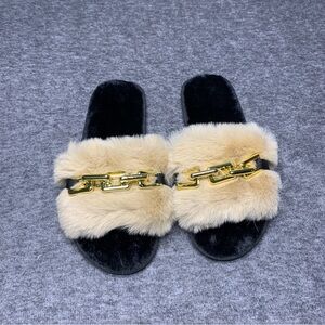 Luxurious Black and Cream Faux Fur Slides With Gold Chain